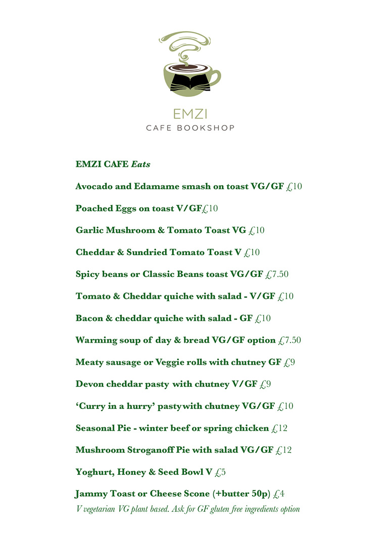 An image of the menu at Emzi, a cafe in Clifton, Bristol.